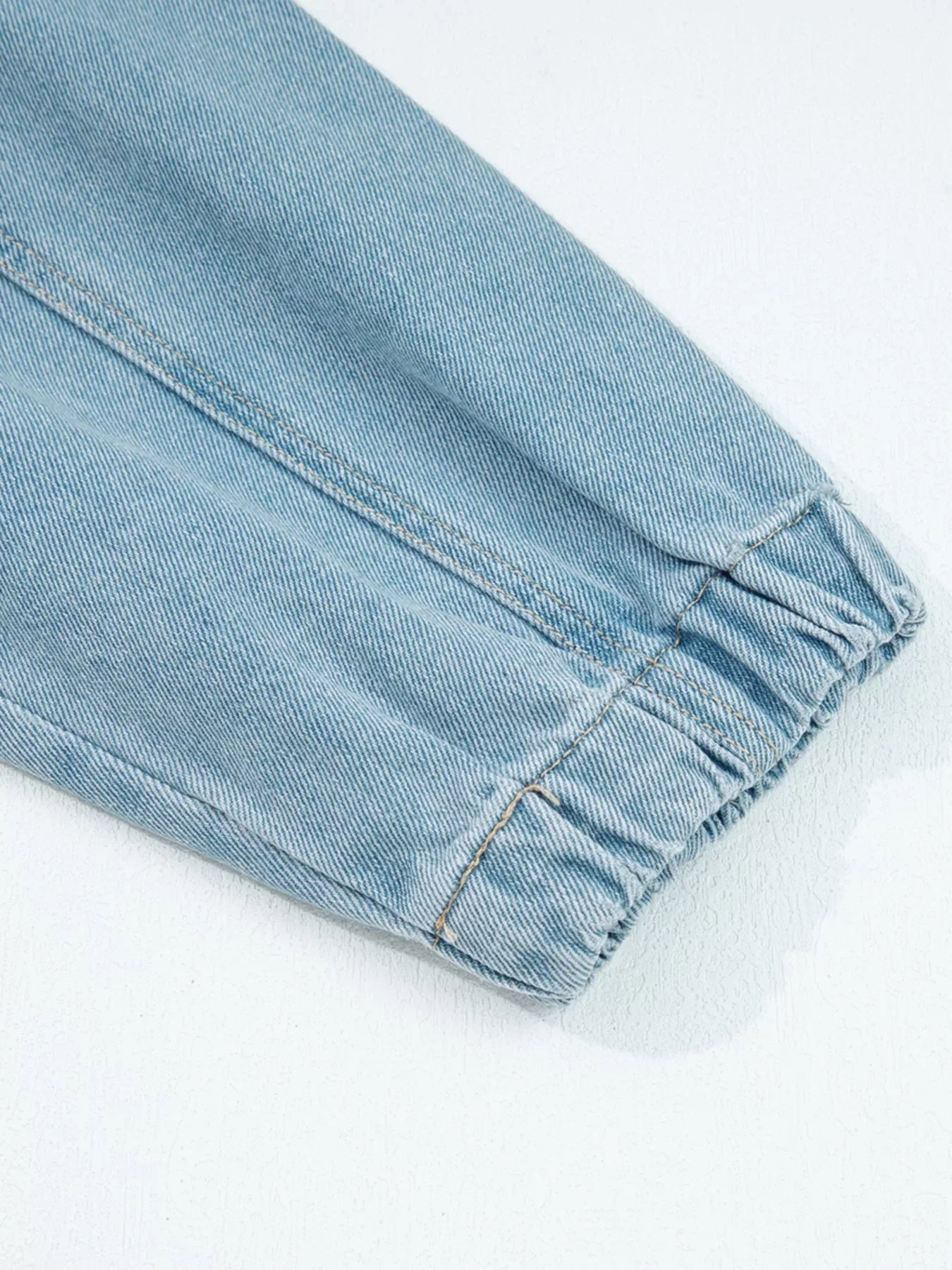 Elastic Edge Collared Zip Up Denim Jacket With Pocket - Makw Official Site