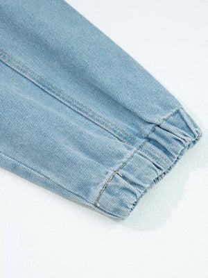 Elastic Edge Collared Zip Up Denim Jacket With Pocket - Makw Official Site