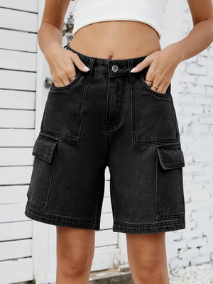 High Waist Denim Shorts with Cargo Pockets - Makw Official Site