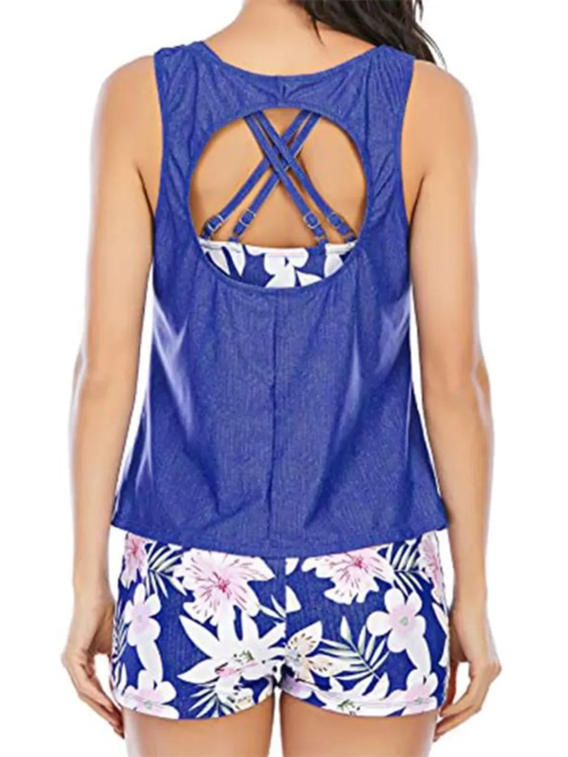 Cutout Printed Round Neck Three-Piece Swim Set - Makw Official Site