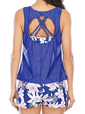 Cutout Printed Round Neck Three-Piece Swim Set - Makw Official Site