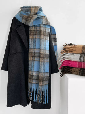 Fuzzy Plaid Fringe Scarf - Makw Official Site
