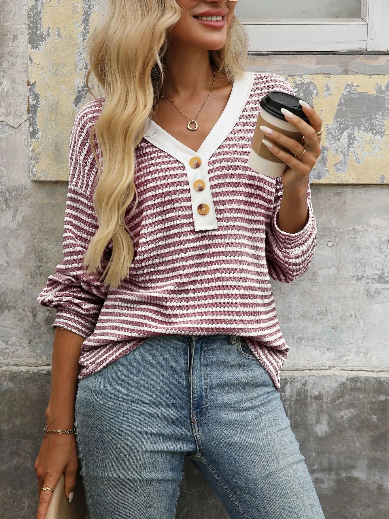 Striped V-Neck Button Front Casual Top - Makw Official Site
