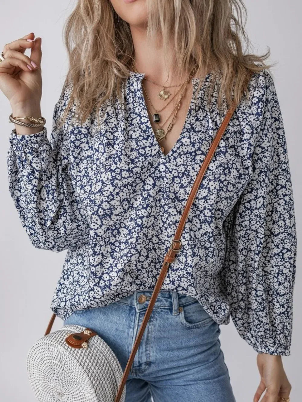 Floral Print Notched Long Sleeve Blouse - Makw Official Site
