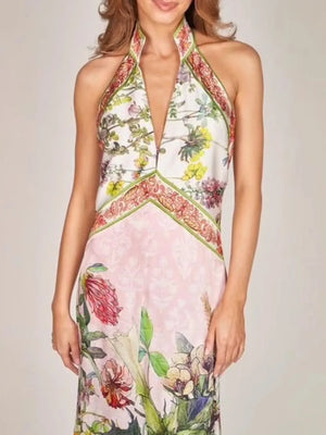 Printed Halter Neck Backless Maxi Dress - Makw Official Site