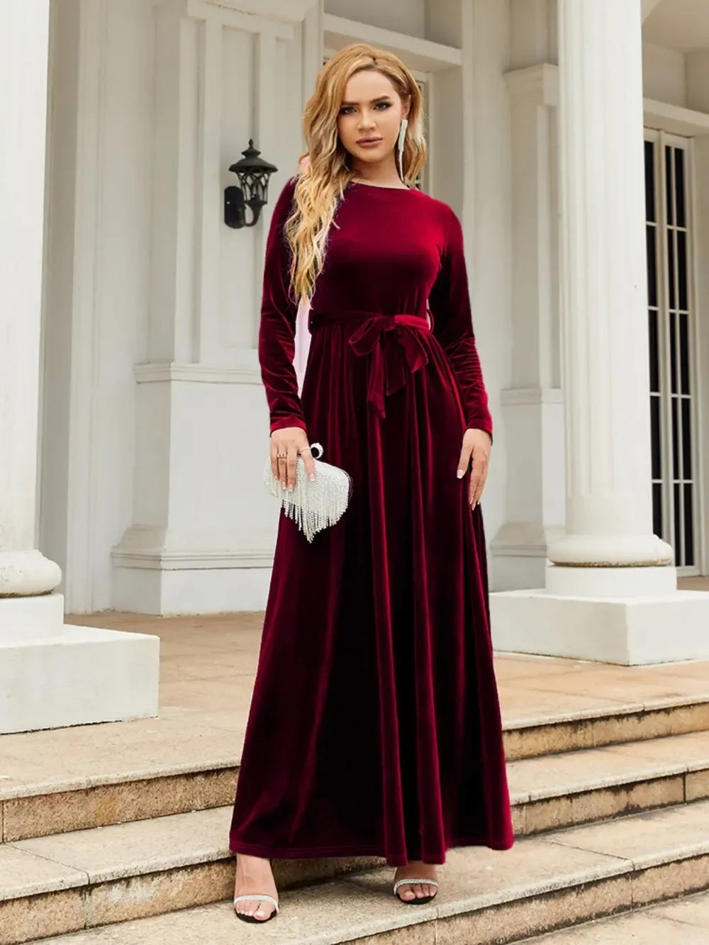Tie Front Round Neck Long Sleeve Maxi Dress - Makw Official Site