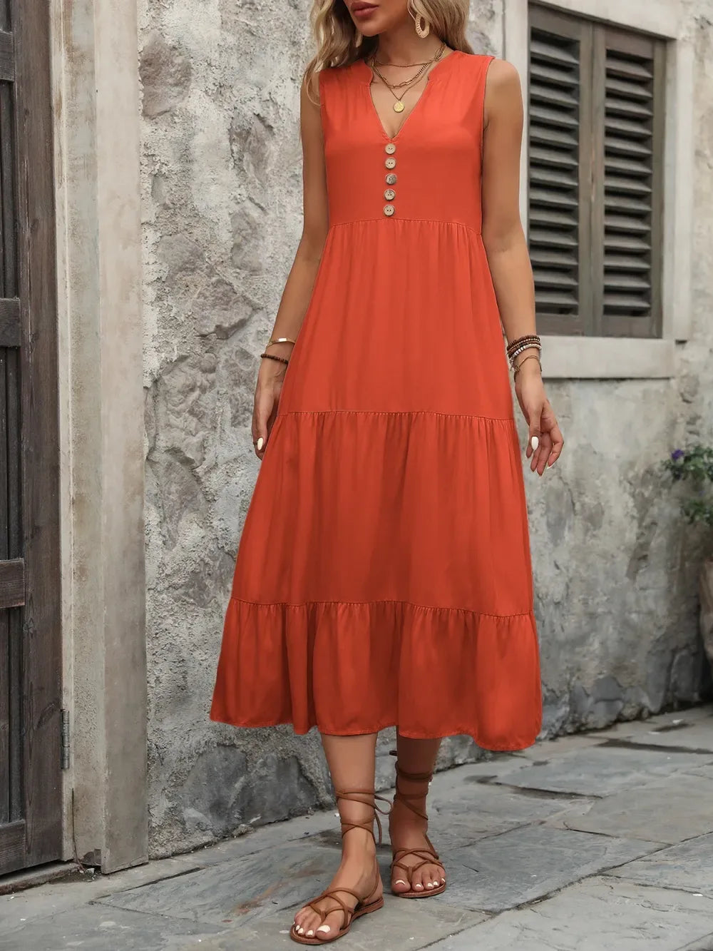 Ivy Lane Decorative Button Notched Sleeveless Dress - Makw Official Site