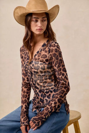 BiBi Leopard Printed Mesh Shirt With Button Up V Neck - Makw Official Site