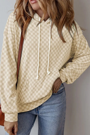 Checkered Print Kangaroo Pocket Drawstring Hoodie - Makw Official Site