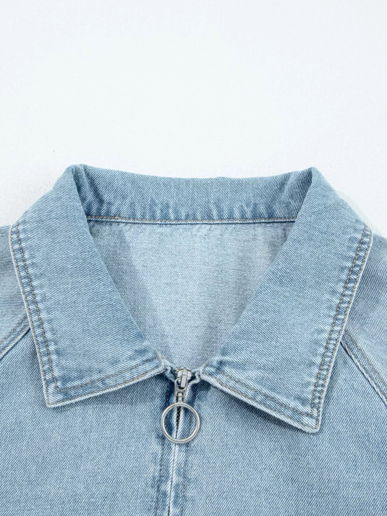 Elastic Edge Collared Zip Up Denim Jacket With Pocket - Makw Official Site