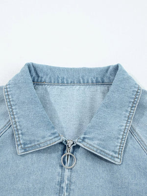 Elastic Edge Collared Zip Up Denim Jacket With Pocket - Makw Official Site