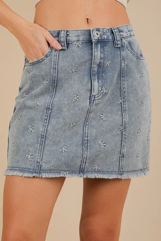 VERY J Bow Printed Casual Denim Mini Skirt - Makw Official Site