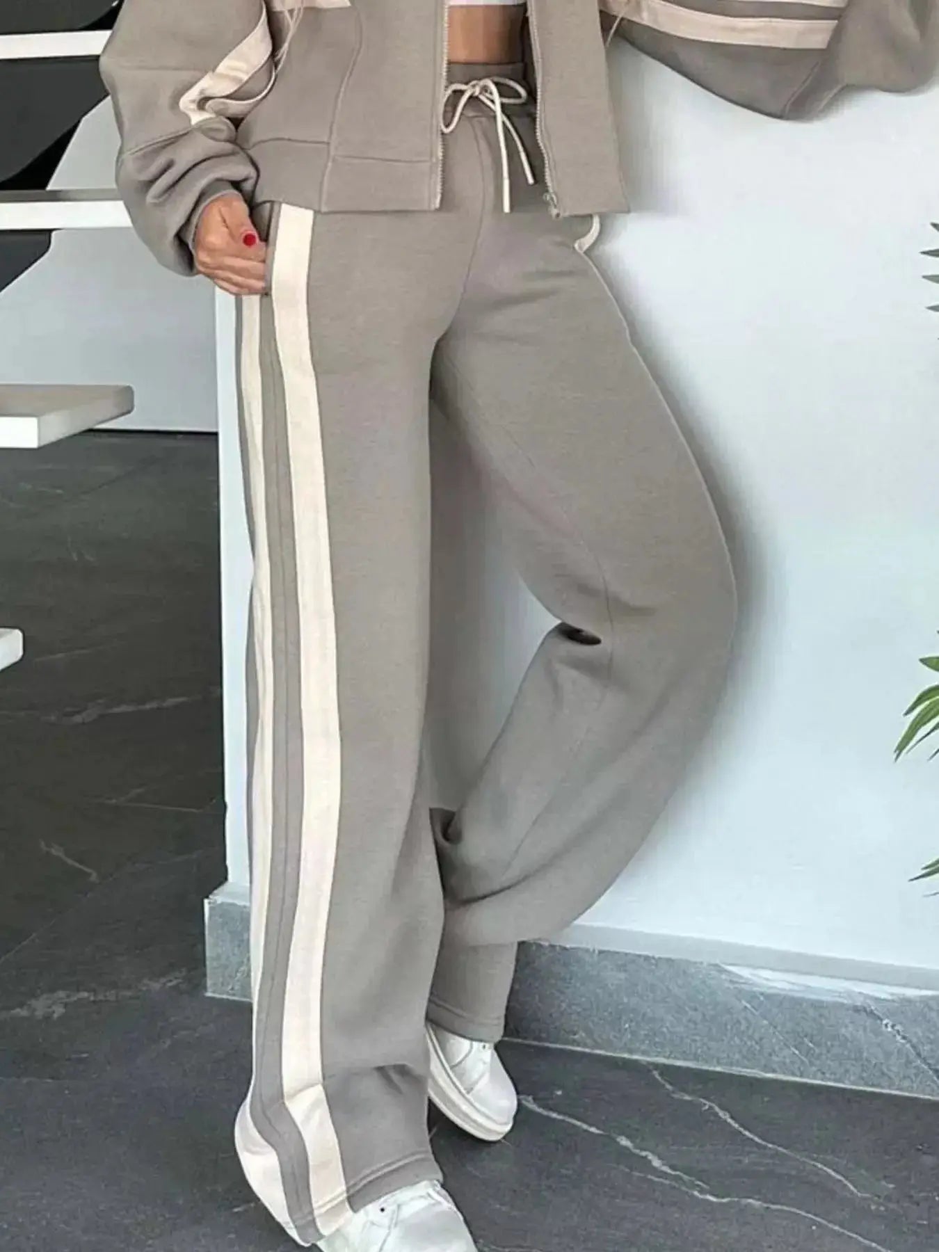 Full Size Striped Zip Up Outerwear and Pants Set Plus Size - Makw Official Site