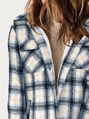 Oversized Plaid Long Sleeve Fleece Jacket - Makw Official Site