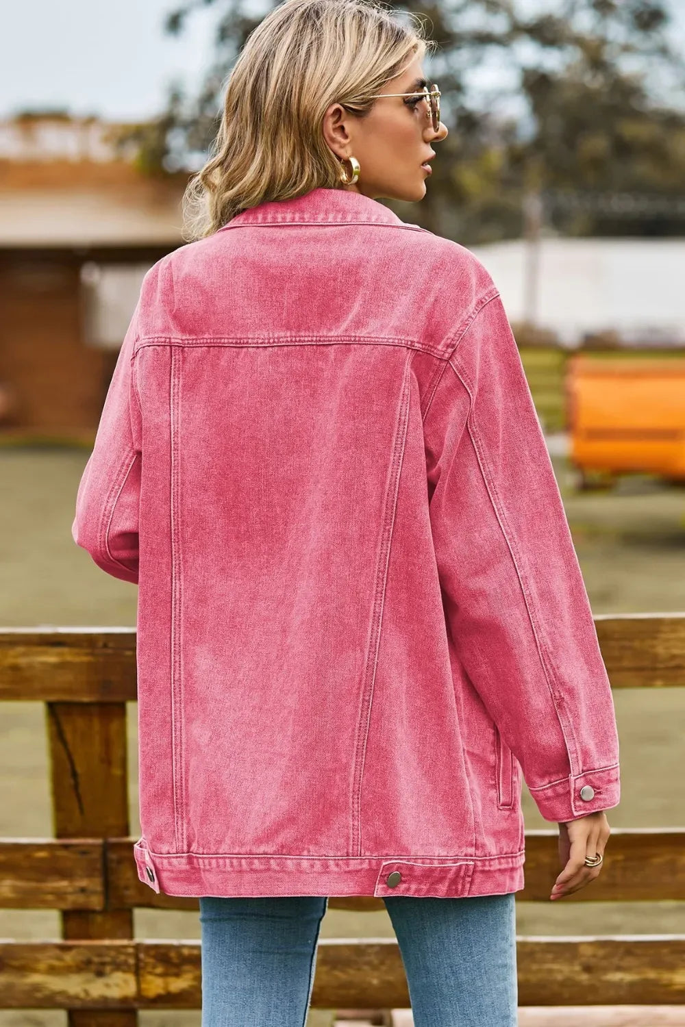 Buttoned Collared Neck Denim Jacket with Pockets - Makw Official Site