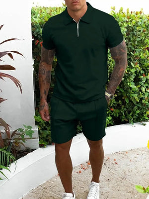 Men's Full Size Collared Neck Short Sleeve Top and Shorts Set Plus Size - Makw Official Site