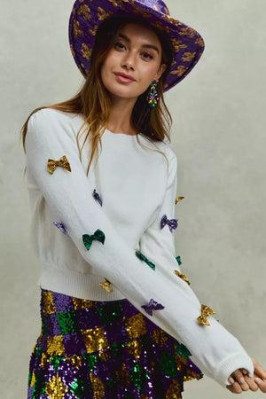 SO ME Mardi Gras Glitter Bow Ribbon Sweater Knit Top - Makw Official Site