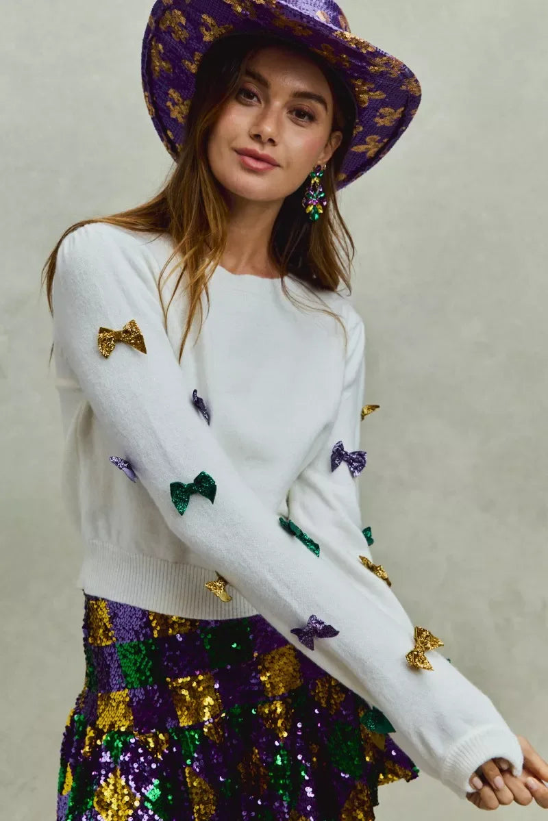 SO ME Mardi Gras Glitter Bow Ribbon Sweater Knit Top - Makw Official Site