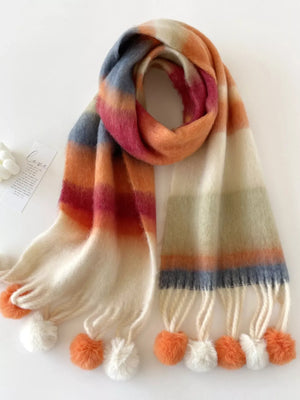 Rainbow Striped Fuzzy Scarf with Pom-Poms - Makw Official Site