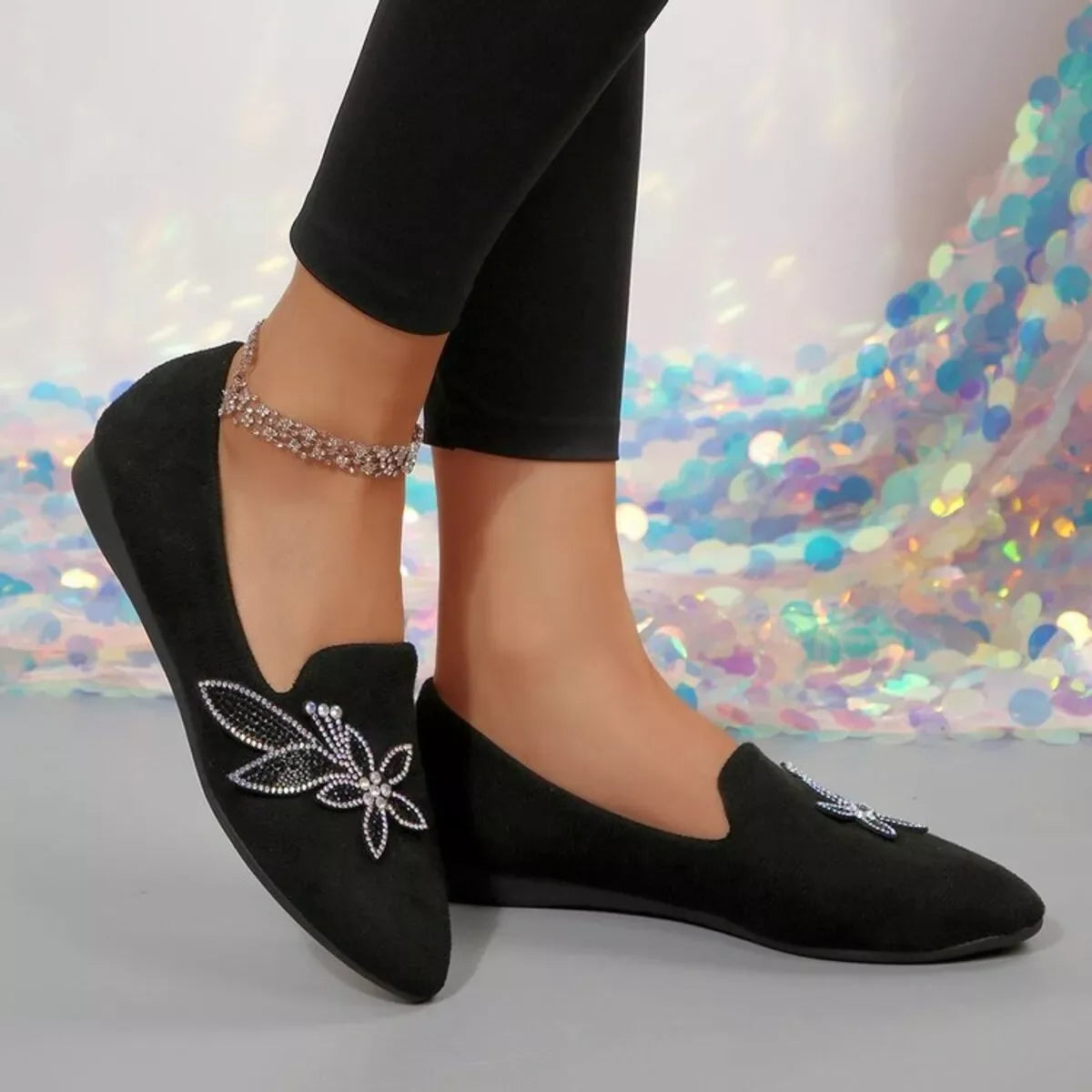Rhinestone Point Toe Flats Slip-Ons - Makw Official Site