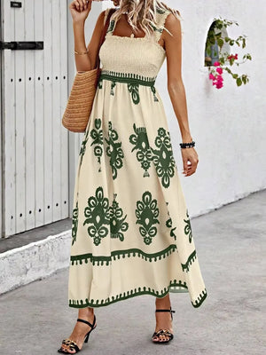 Smocked Printed Wide Strap Maxi Dress - Makw Official Site