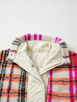 Sherpa Plaid Snap Down Vest Coat - Makw Official Site
