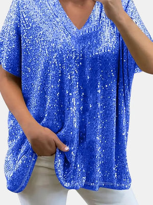 Full Size Sequin V-Neck Short Sleeve Top - Makw Official Site
