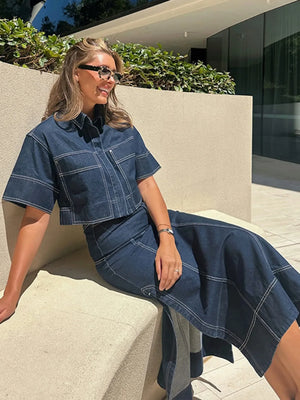 High-Waist Side Slit Contrast Stitch Denim Maxi Skirt - Makw Official Site