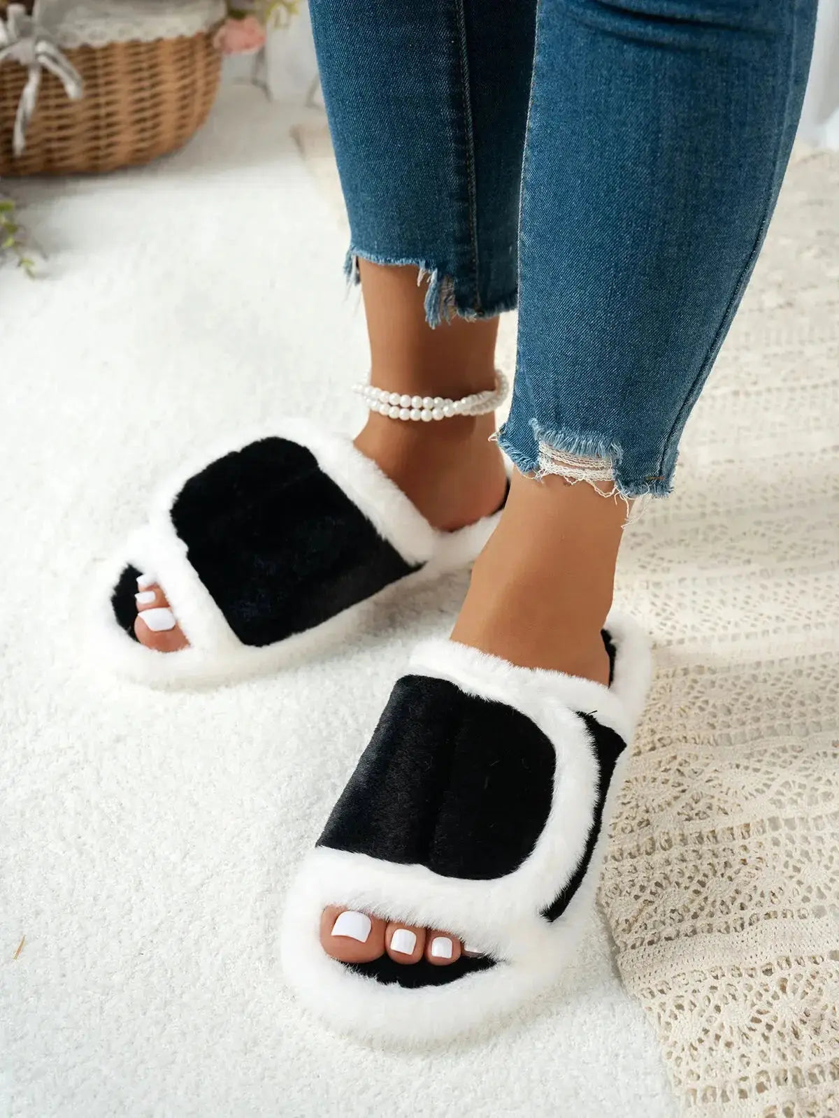 Fuzzy Open Toe Flats Slippers - Makw Official Site