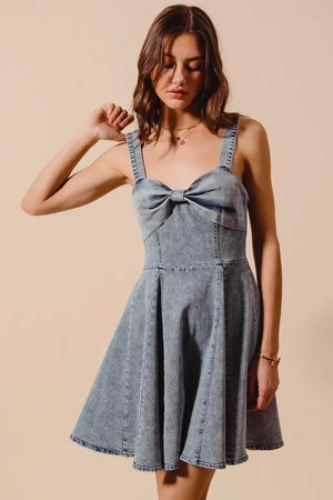 SO ME Mineral Washed Bow Ribbon Denim Flare Dress - Makw Official Site