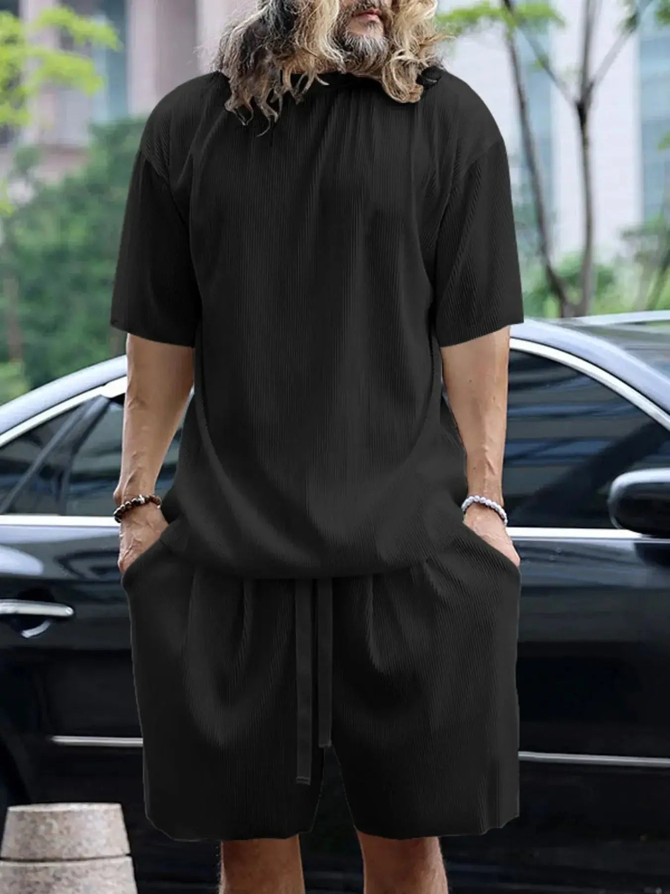 Men's Full Size Round Neck Short Sleeve Top and Shorts Set Plus Size - Makw Official Site