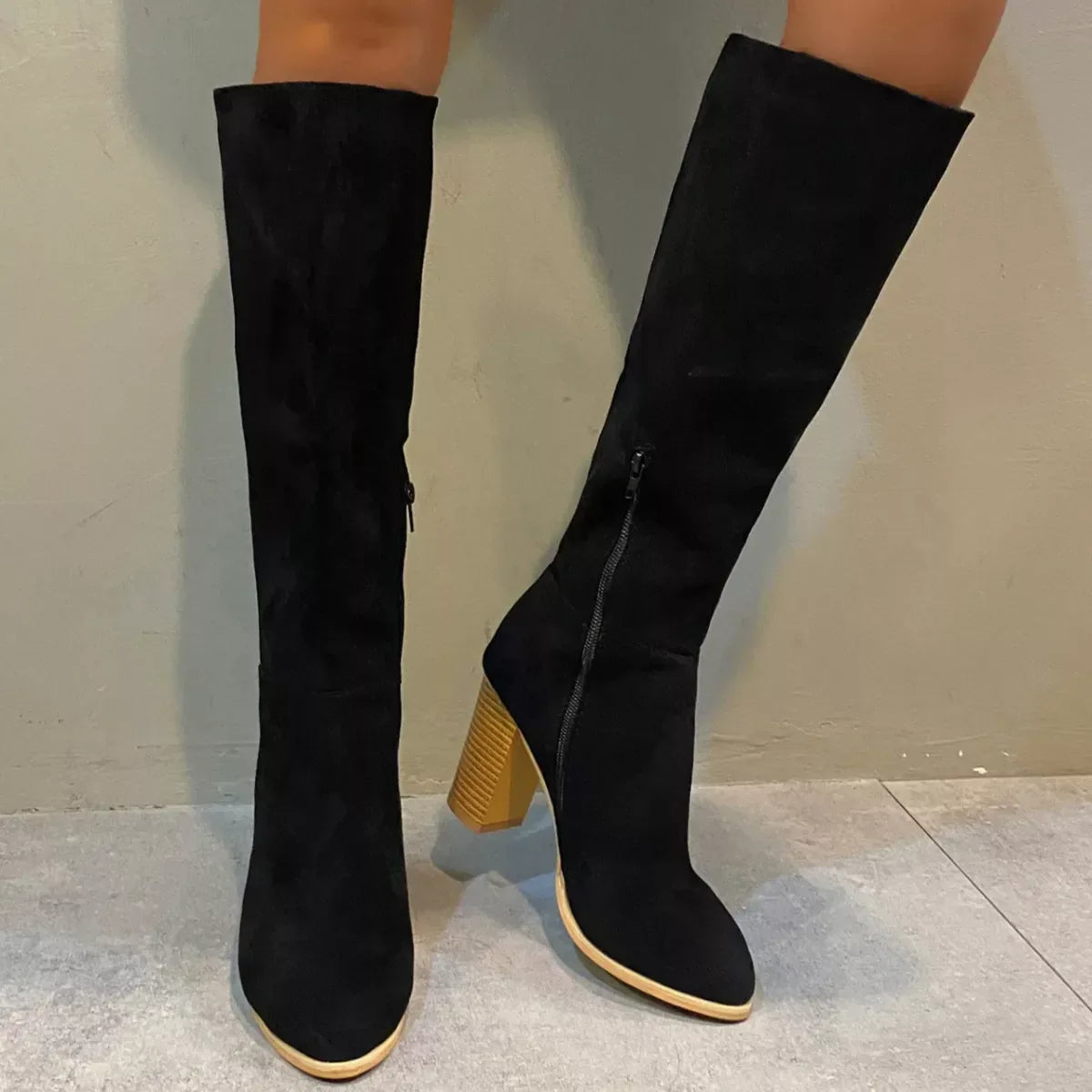 Point Toe Knee-High Suede Block Heel Boots - Makw Official Site