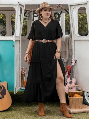 Plus Size Tie Neck Flutter Sleeve Dress - Makw Official Site