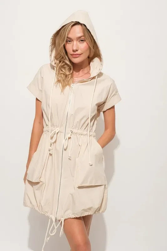 And The Why Short Sleeve String Details Hooded Mini Dress - Makw Official Site