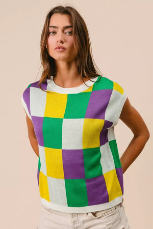 BiBi Mardi Gras Checker Pattern Sleeveless Sweater Top - Makw Official Site