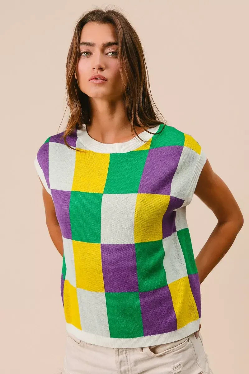 BiBi Mardi Gras Checker Pattern Sleeveless Sweater Top - Makw Official Site