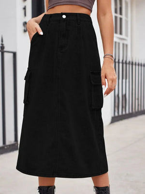 Slit Buttoned Denim Skirt with Pockets - Makw Official Site