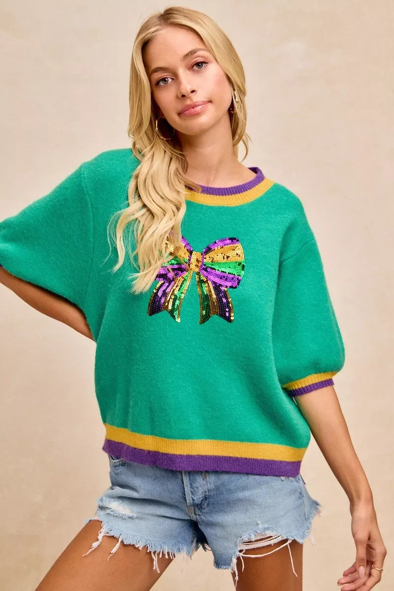 BiBi Mardi Gras Sequin Ribbon Patched Sweater - Makw Official Site