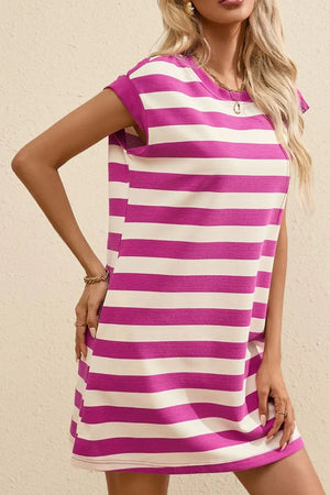 Stripe Cap Sleeve Pocketed Shift Tee Dress - Makw Official Site
