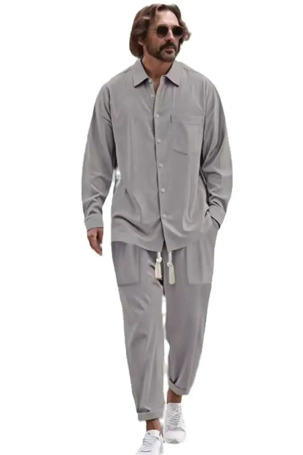 Men's Collared Neck Long Sleeve Top and Pants Set Plus Size - Makw Official Site