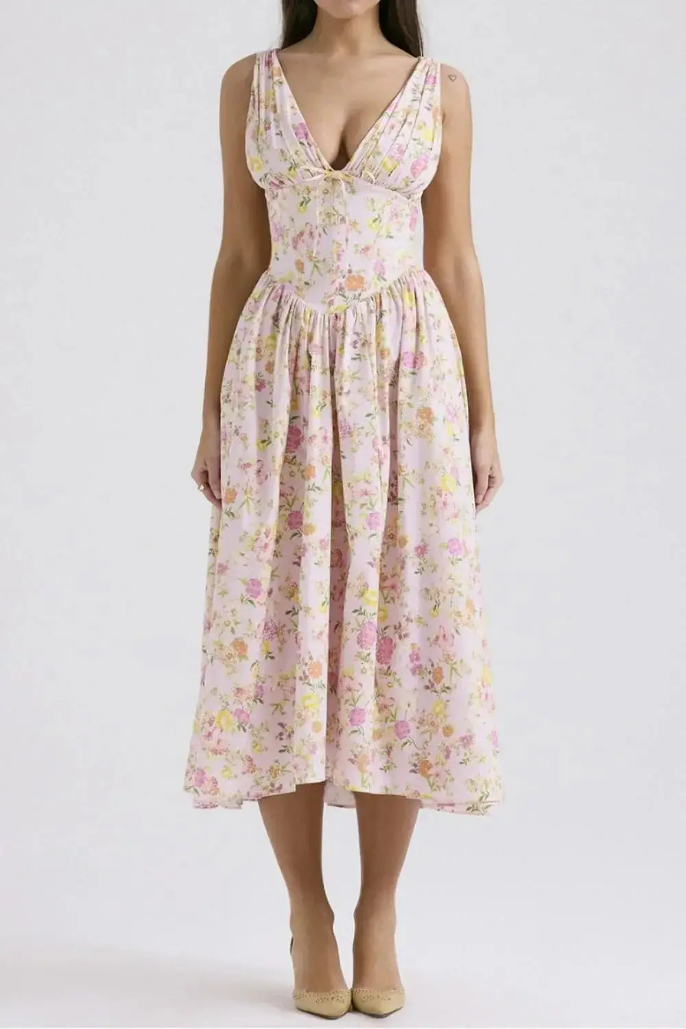 Floral V-Neck Sleeveless Midi Dress with Pockets - Makw Official Site
