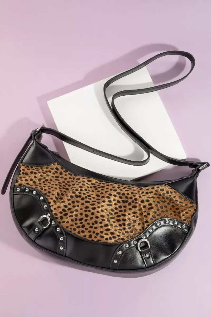 Fame Dark Spotted Leopard Print Half Moon Shoulder Bag - Makw Official Site
