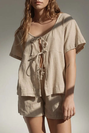 Plaid Tied Scoop Neck Short Sleeve Top and Drawstring Shorts Set - Makw Official Site