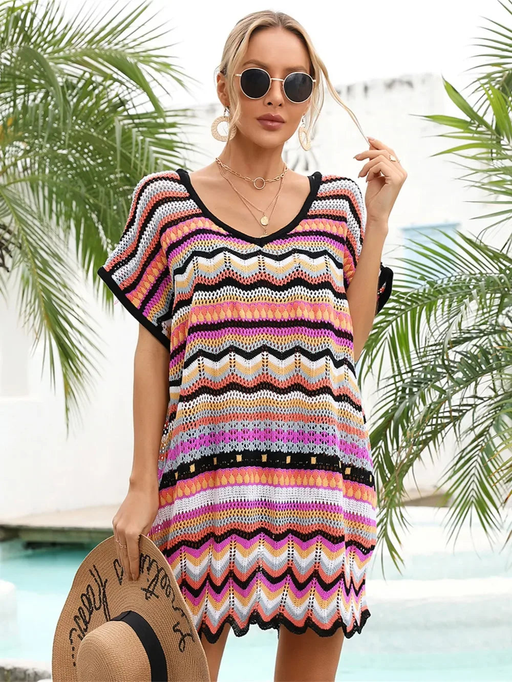 Angel Wings Rainbow Stripe Scalloped V-Neck Cover-Up Dress - Makw Official Site