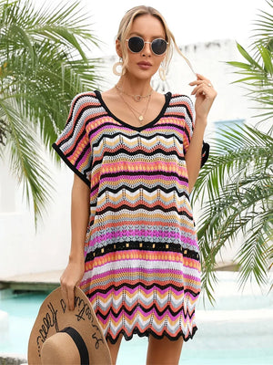 Angel Wings Rainbow Stripe Scalloped V-Neck Cover-Up Dress - Makw Official Site