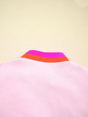 Contrast Trim Notched Short Sleeve Blouse - Makw Official Site