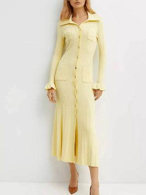 Button-Down Flounce Sleeve Sweater Dress - Makw Official Site