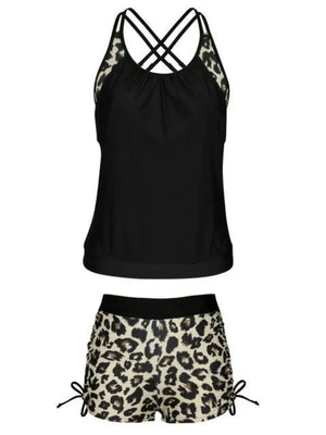 Crisscross Leopard Scoop Neck Two-Piece Swim Set - Makw Official Site