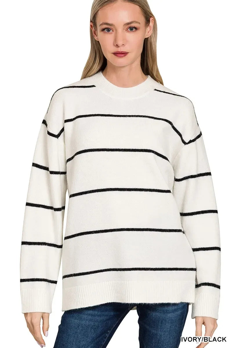 Zenana Round Neck Stripe Sweater - Makw Official Site