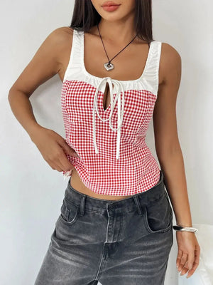Perfee Contrast Plaid Square Neck Tank - Makw Official Site
